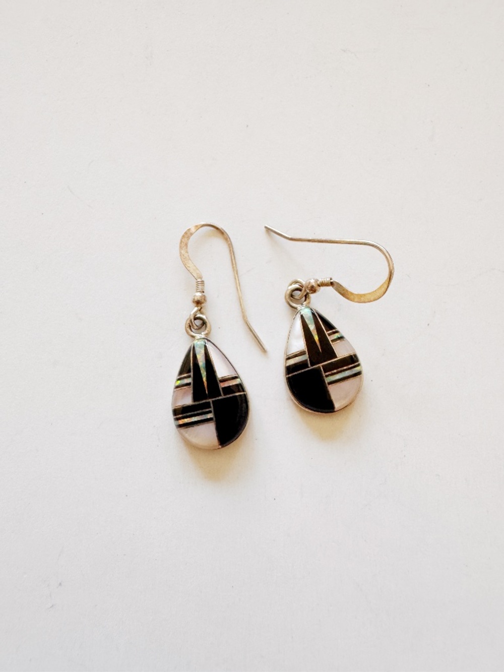 Native American Southwest 925 Sterling Silver Geometric Inlay Teardrop Earrings